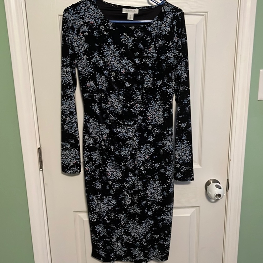 Motherhood Maternity black dress with blue flower pattern and front ruching